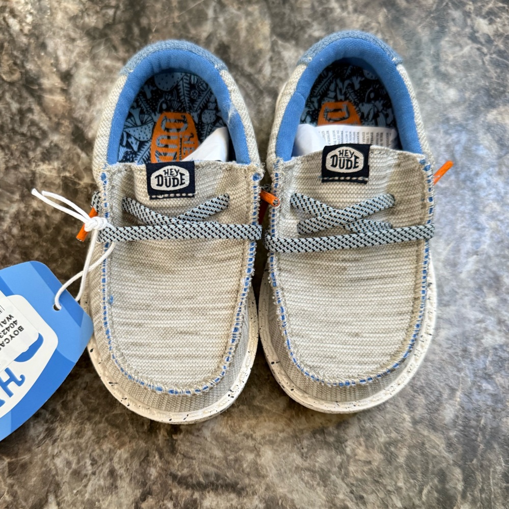 Hey Dude Kids Gray and Blue Canvas Slip-On Shoes, Gently Used Condition. Size 7.